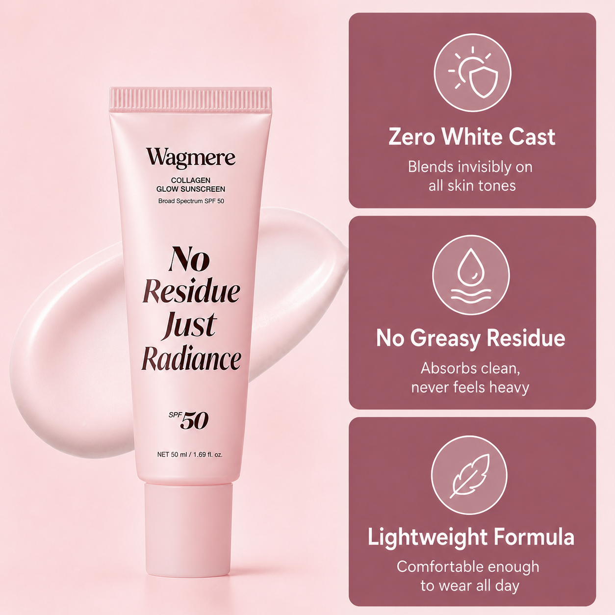 ✨Wagmere No Residue Just Radiance Collagen Sunscreen | 🔥SPF 50 Broad Spectrum Face Sunscreen💗